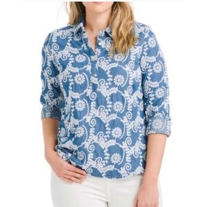 Given Kale Shirt Womens X Small‎ Blue White Floral Embroidered Denim Button Down